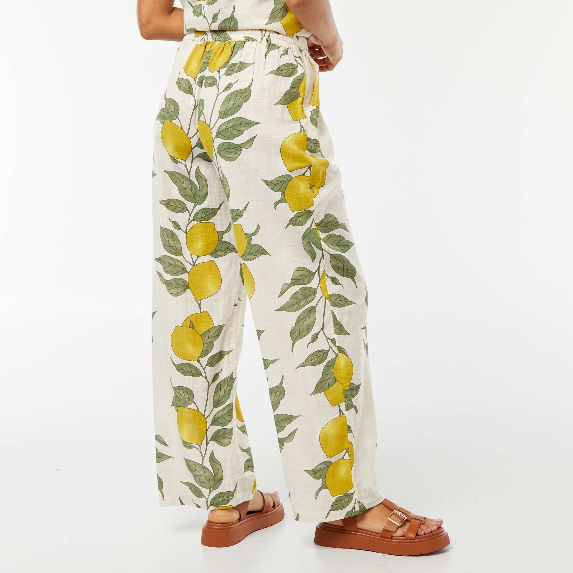 Flowing wide-leg trousers with lemon print BEIGE