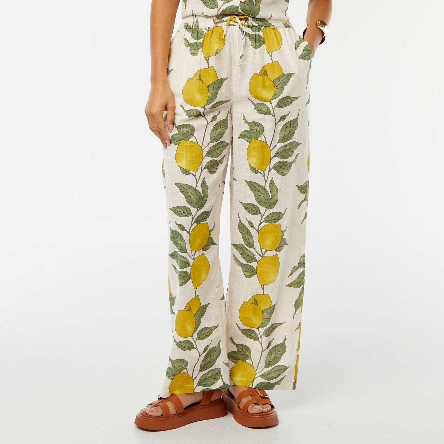 Flowing wide-leg trousers with lemon print BEIGE