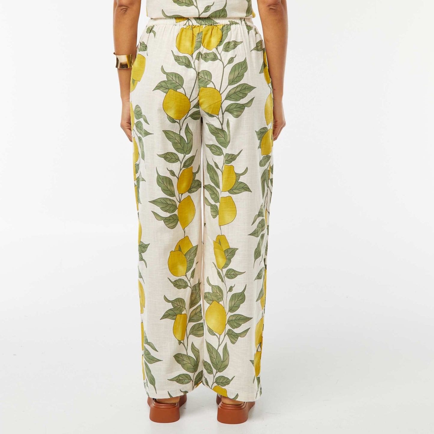 Flowing wide-leg trousers with lemon print BEIGE
