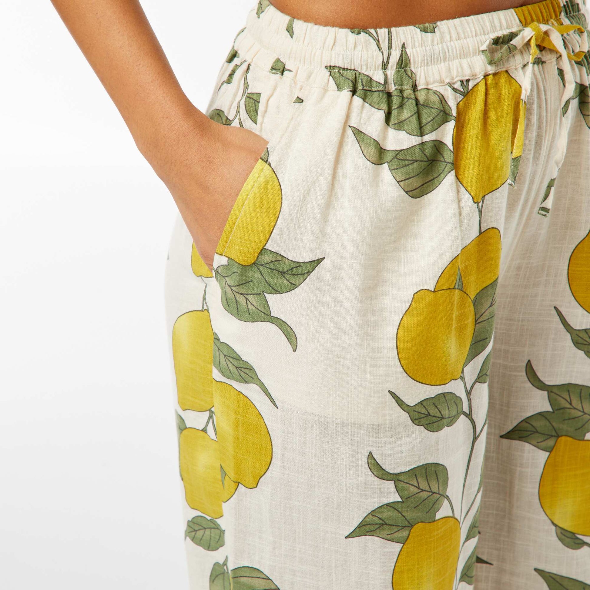 Flowing wide-leg trousers with lemon print BEIGE