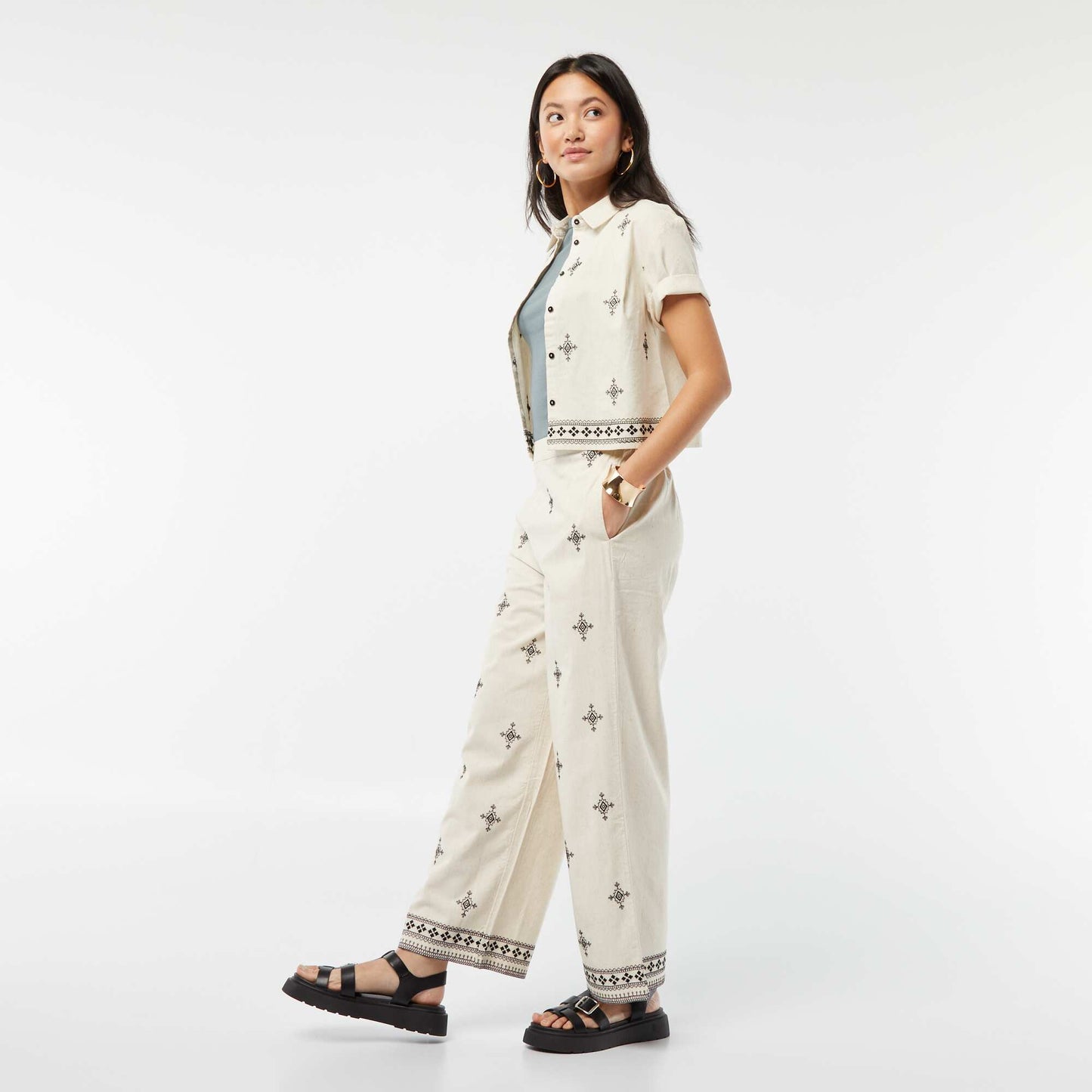 Wide-leg 3/4 trousers with embroidery BEIGE
