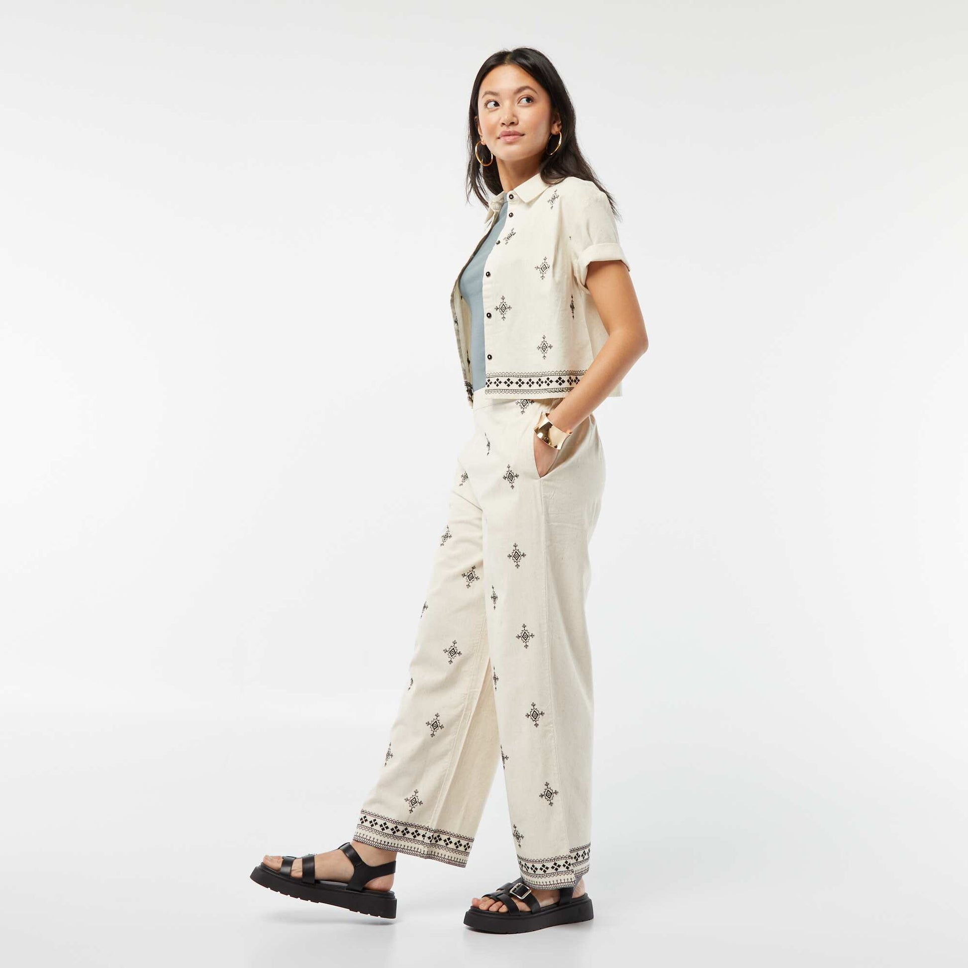 Wide-leg 3/4 trousers with embroidery BEIGE