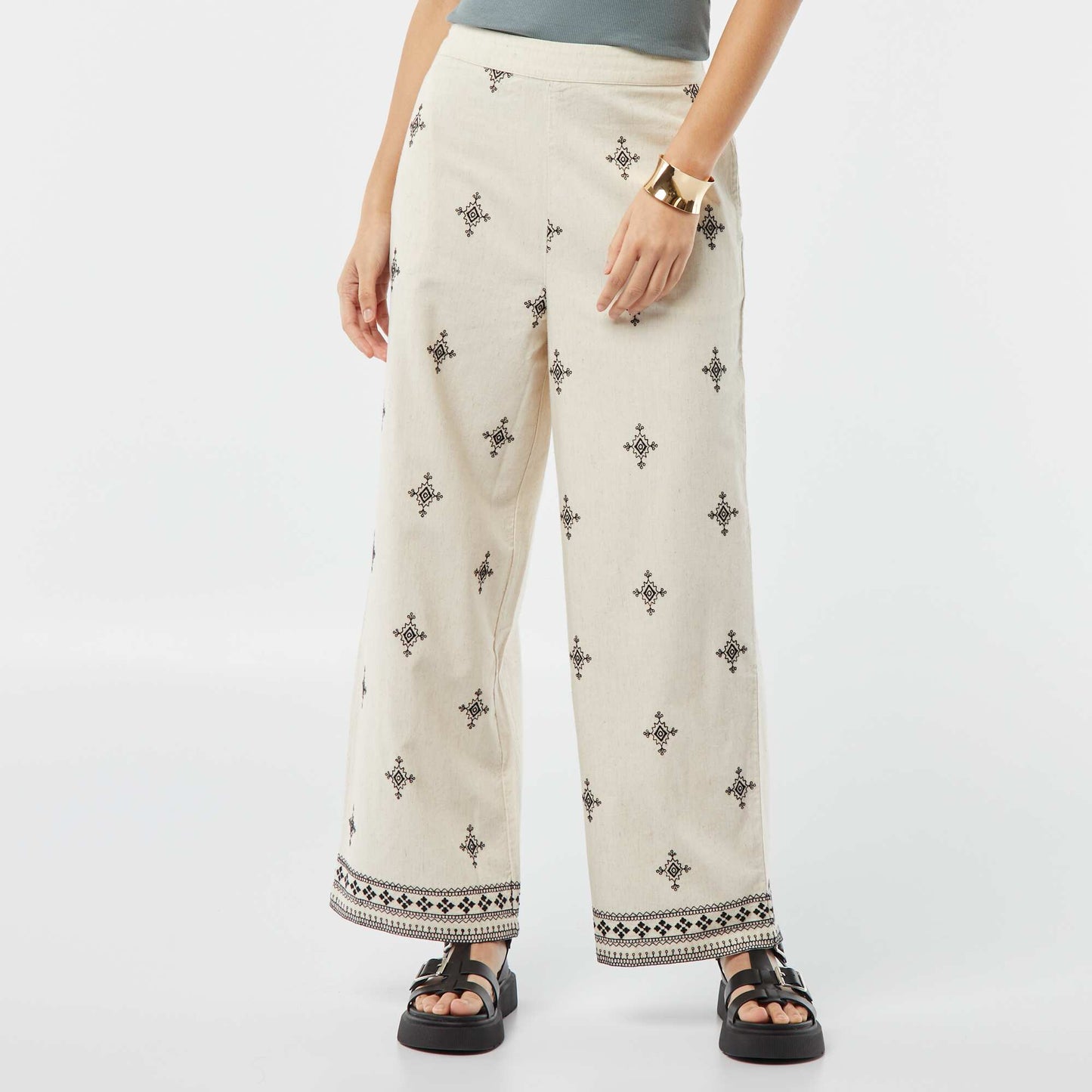 Wide-leg 3/4 trousers with embroidery BEIGE