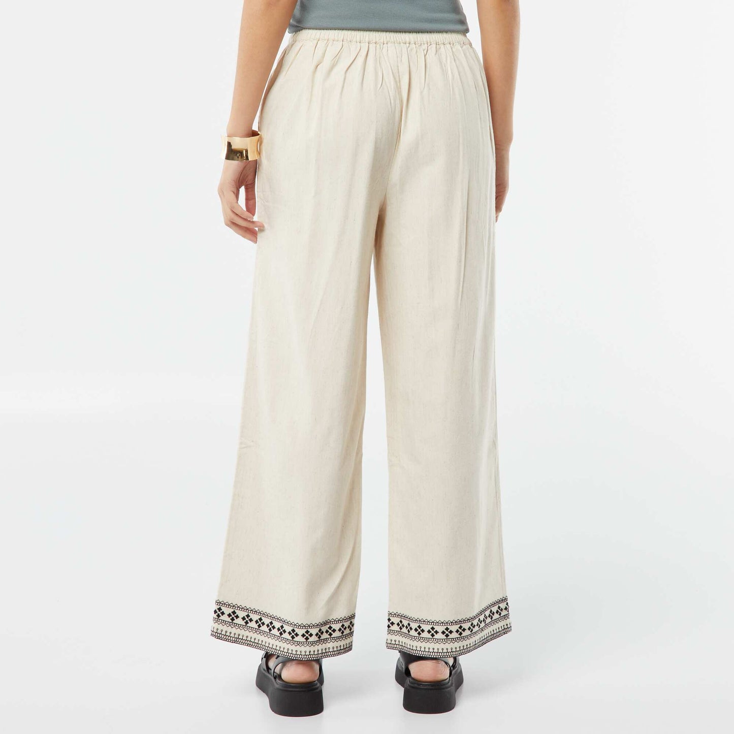 Wide-leg 3/4 trousers with embroidery BEIGE