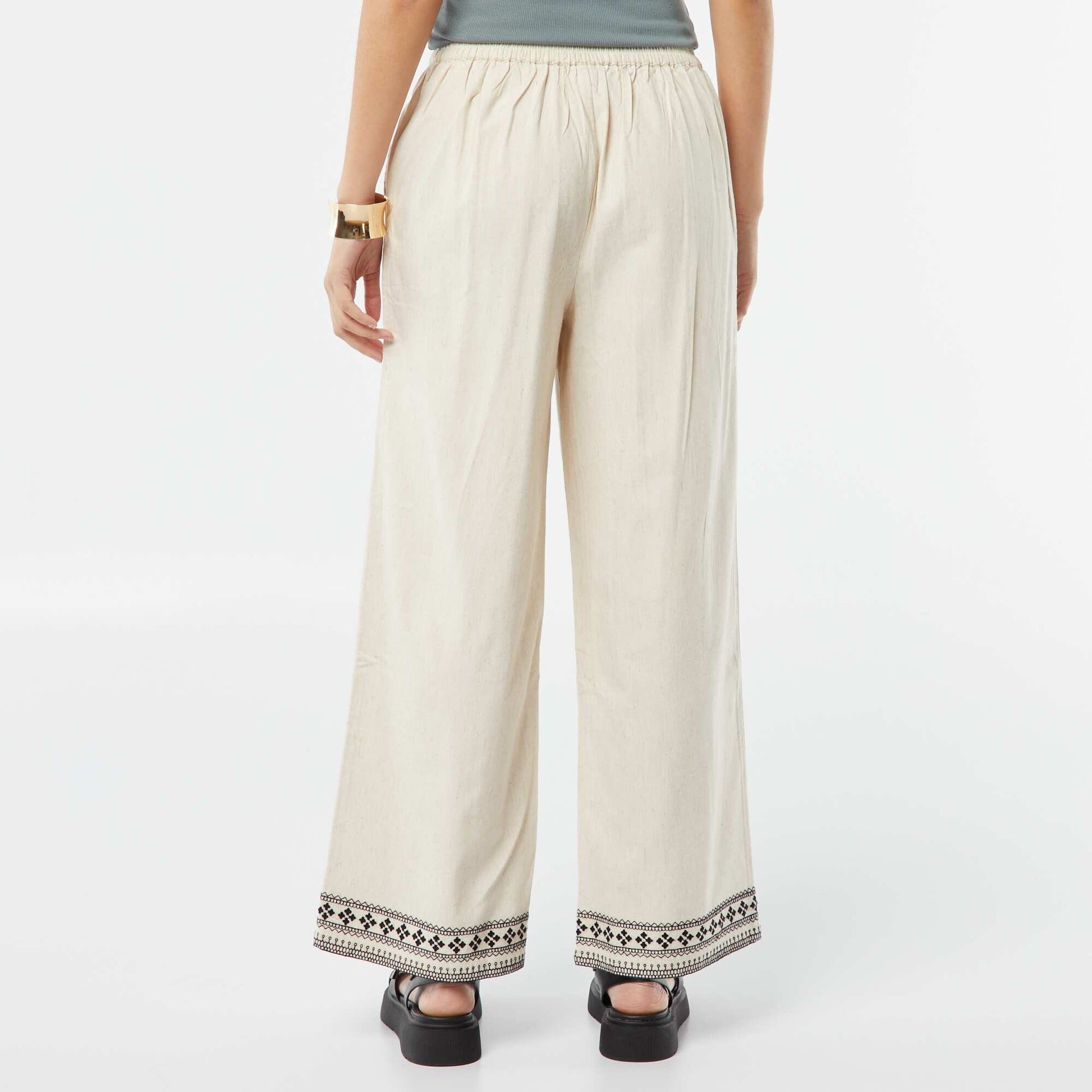 Wide-leg 3/4 trousers with embroidery BEIGE
