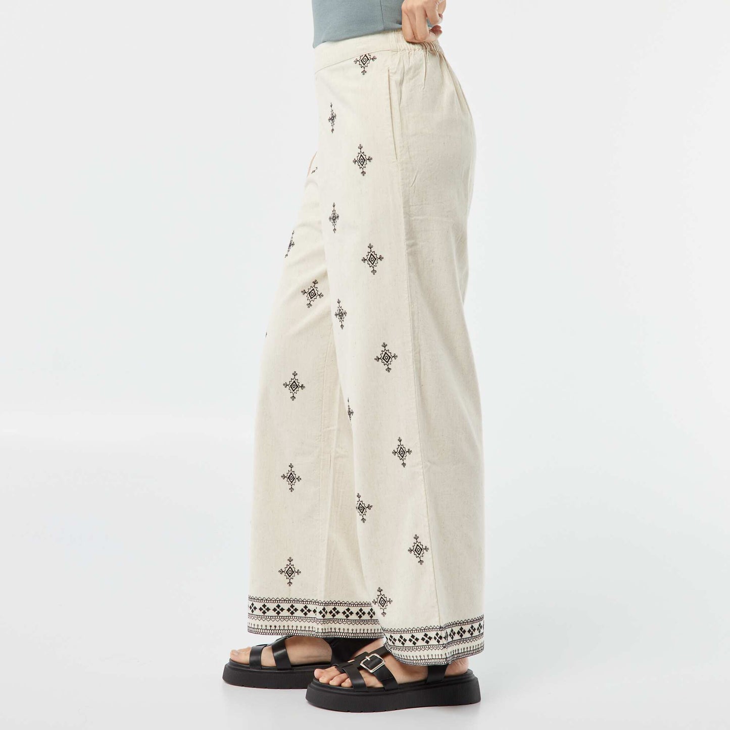 Wide-leg 3/4 trousers with embroidery BEIGE
