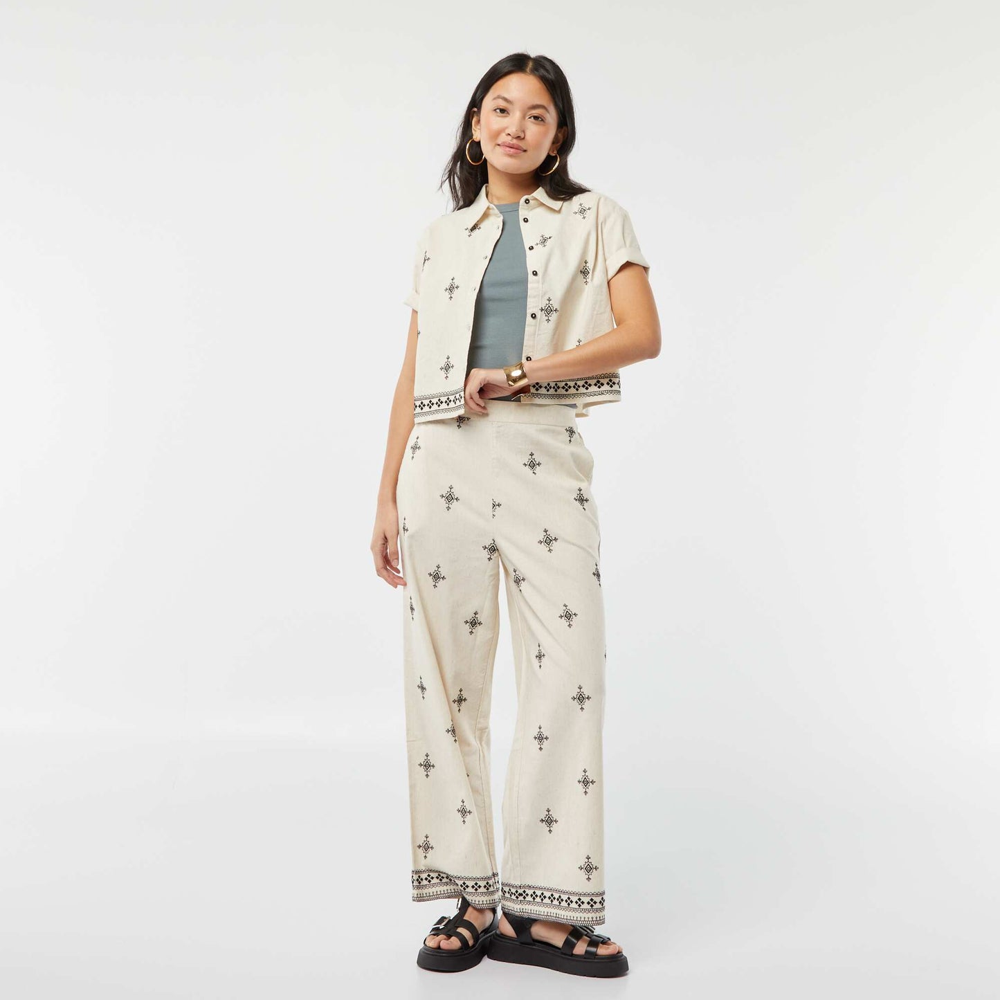 Wide-leg 3/4 trousers with embroidery BEIGE