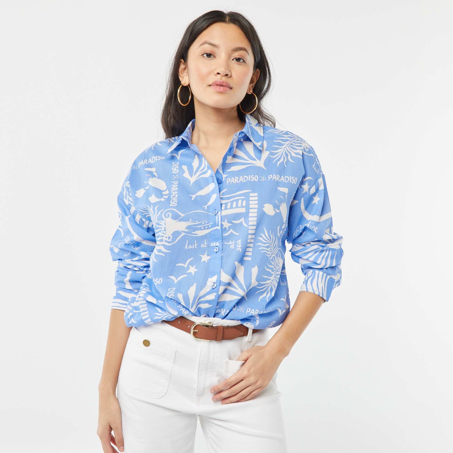 Printed cotton voile shirt BLUE
