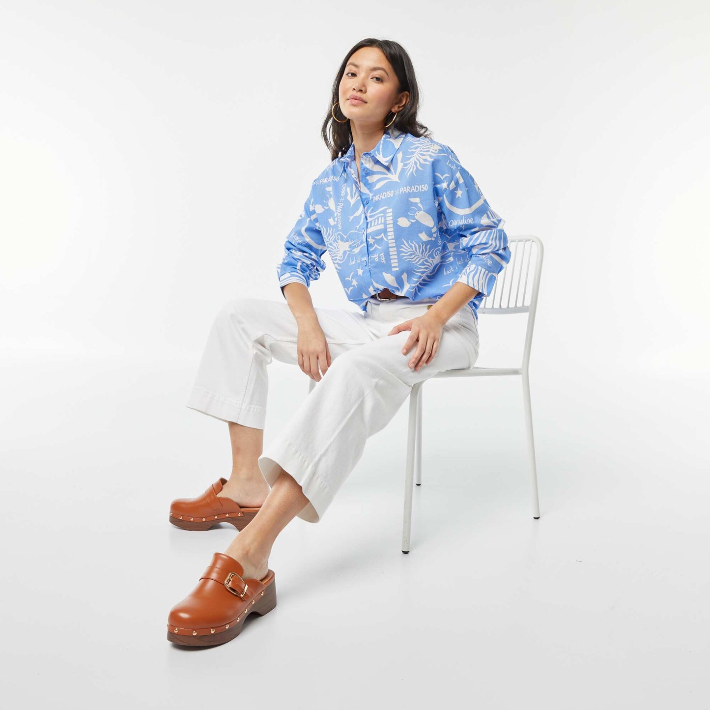 Printed cotton voile shirt BLUE