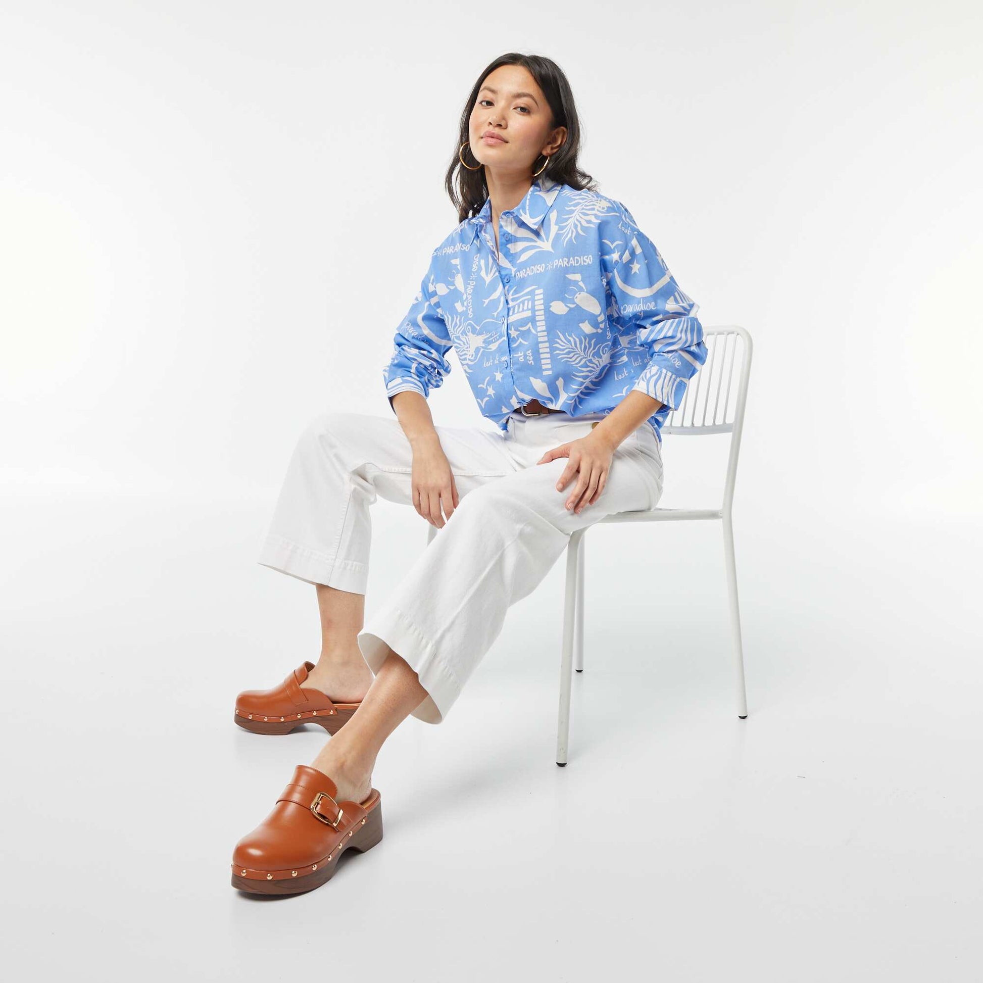 Printed cotton voile shirt BLUE