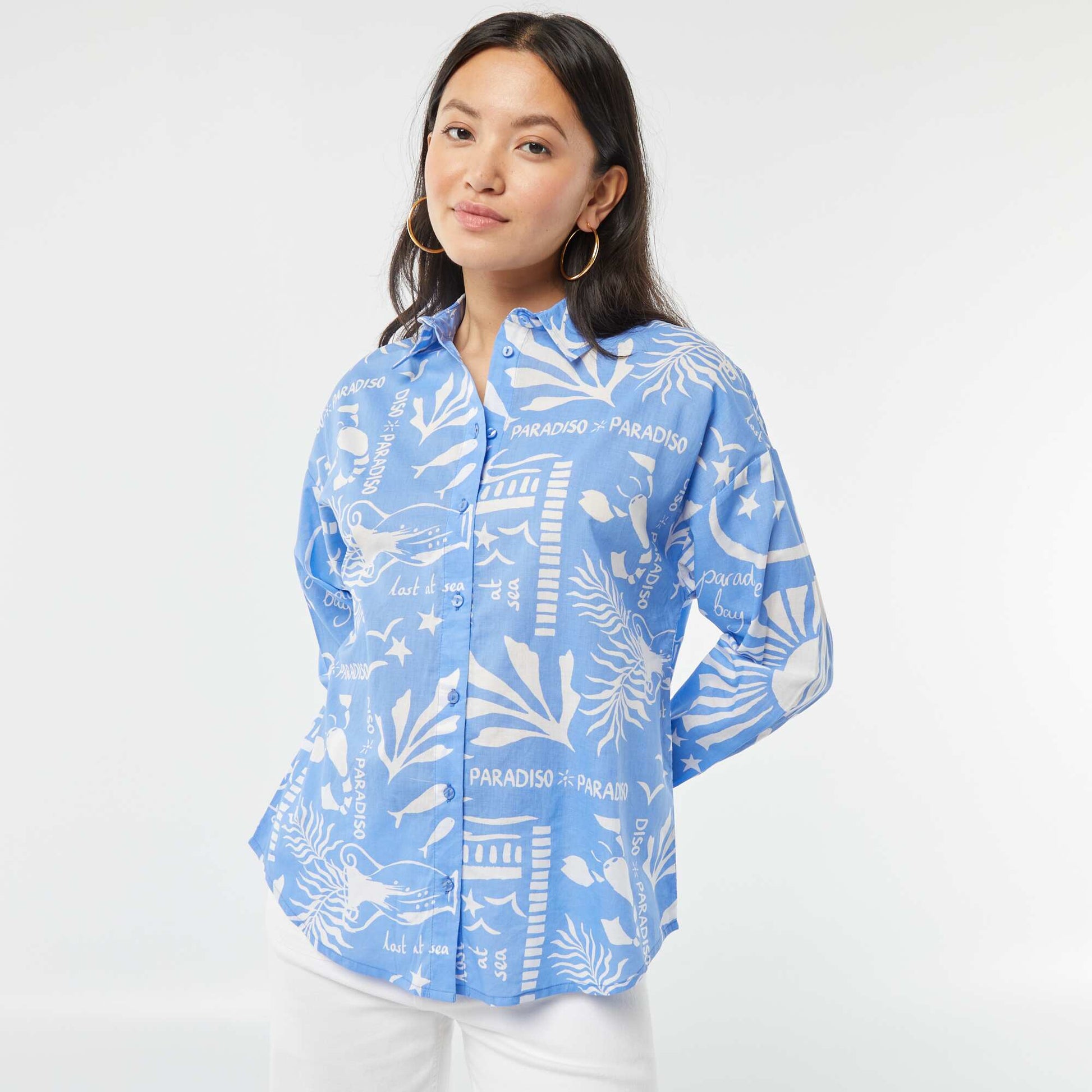 Printed cotton voile shirt BLUE