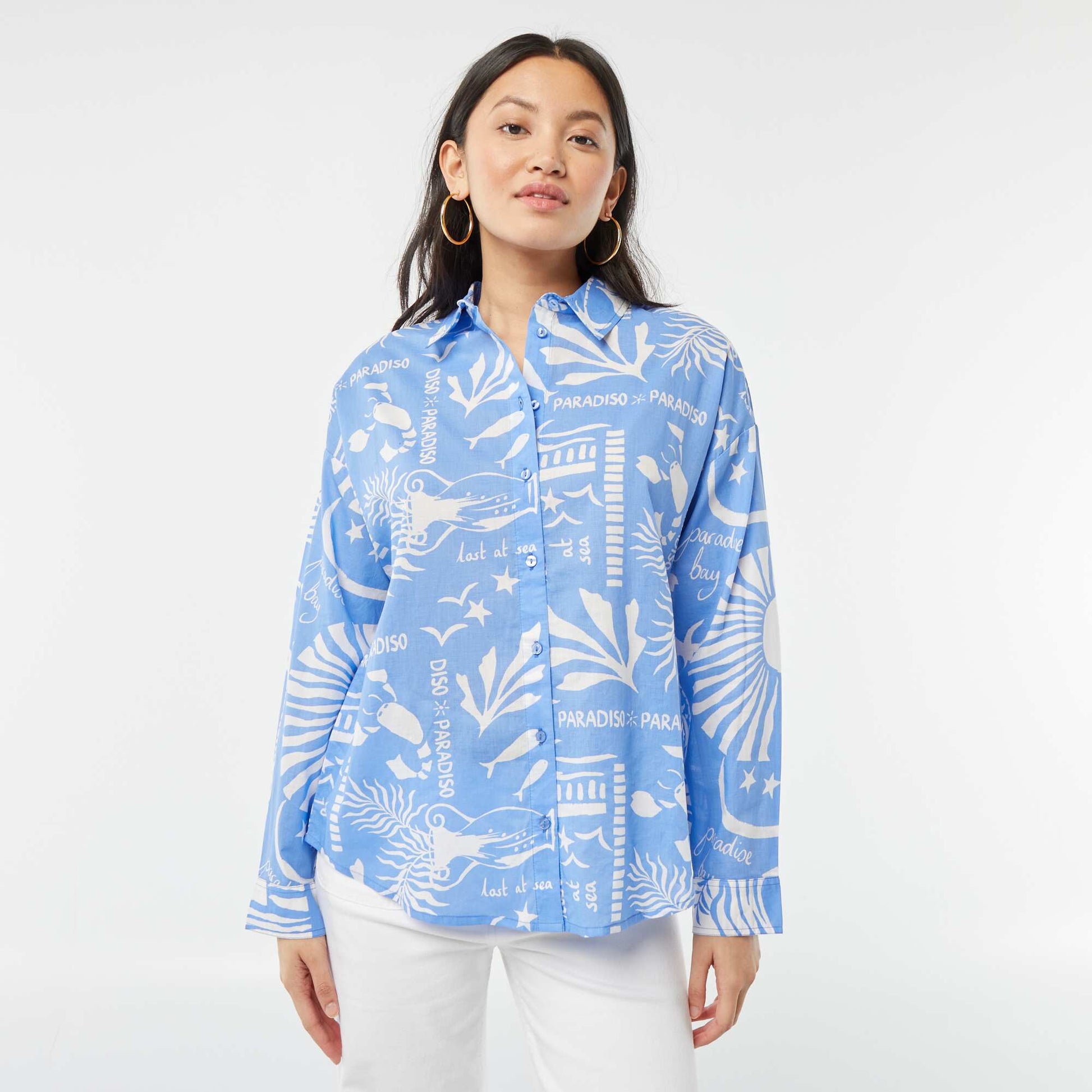 Printed cotton voile shirt BLUE