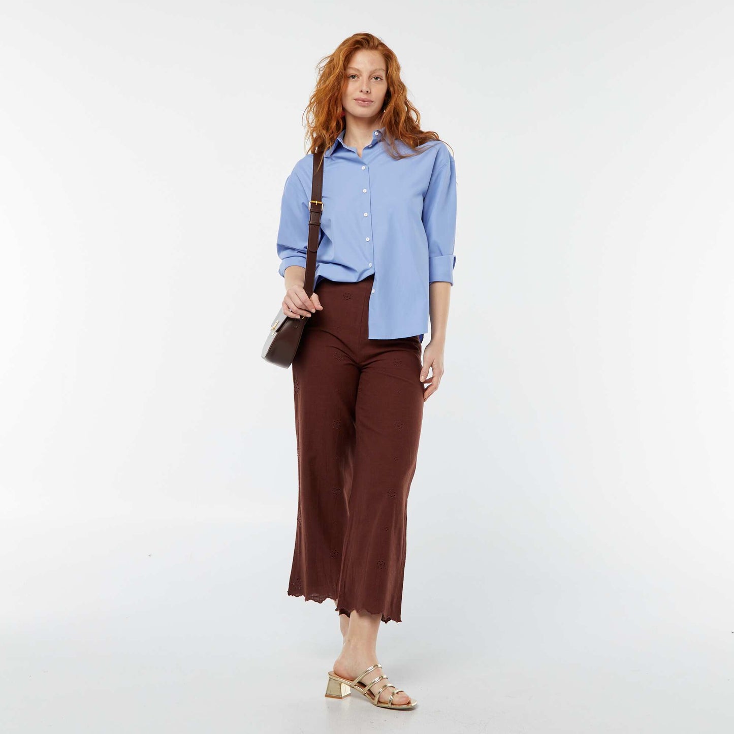 Wide-leg trousers with broderie anglaise BROWN
