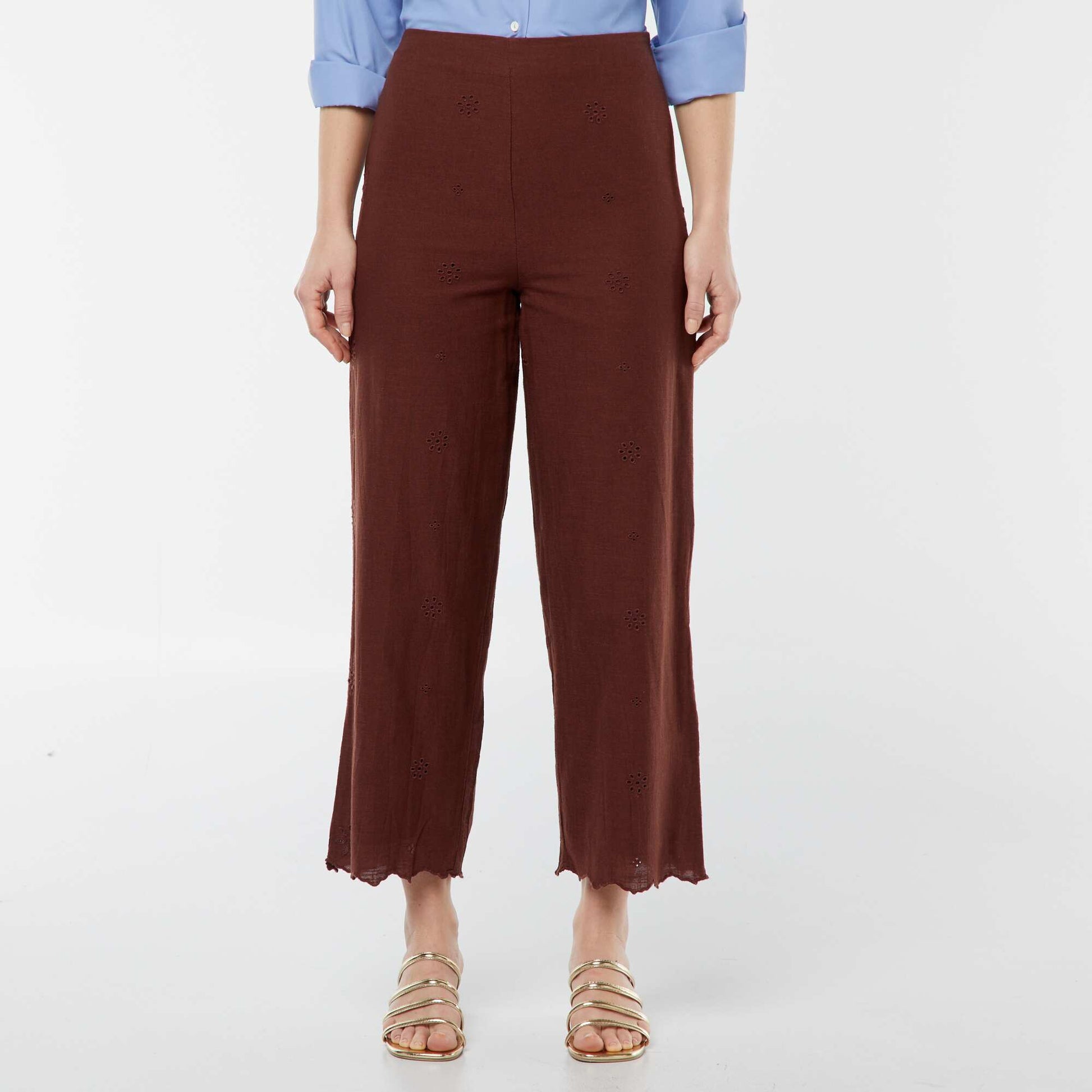 Wide-leg trousers with broderie anglaise BROWN