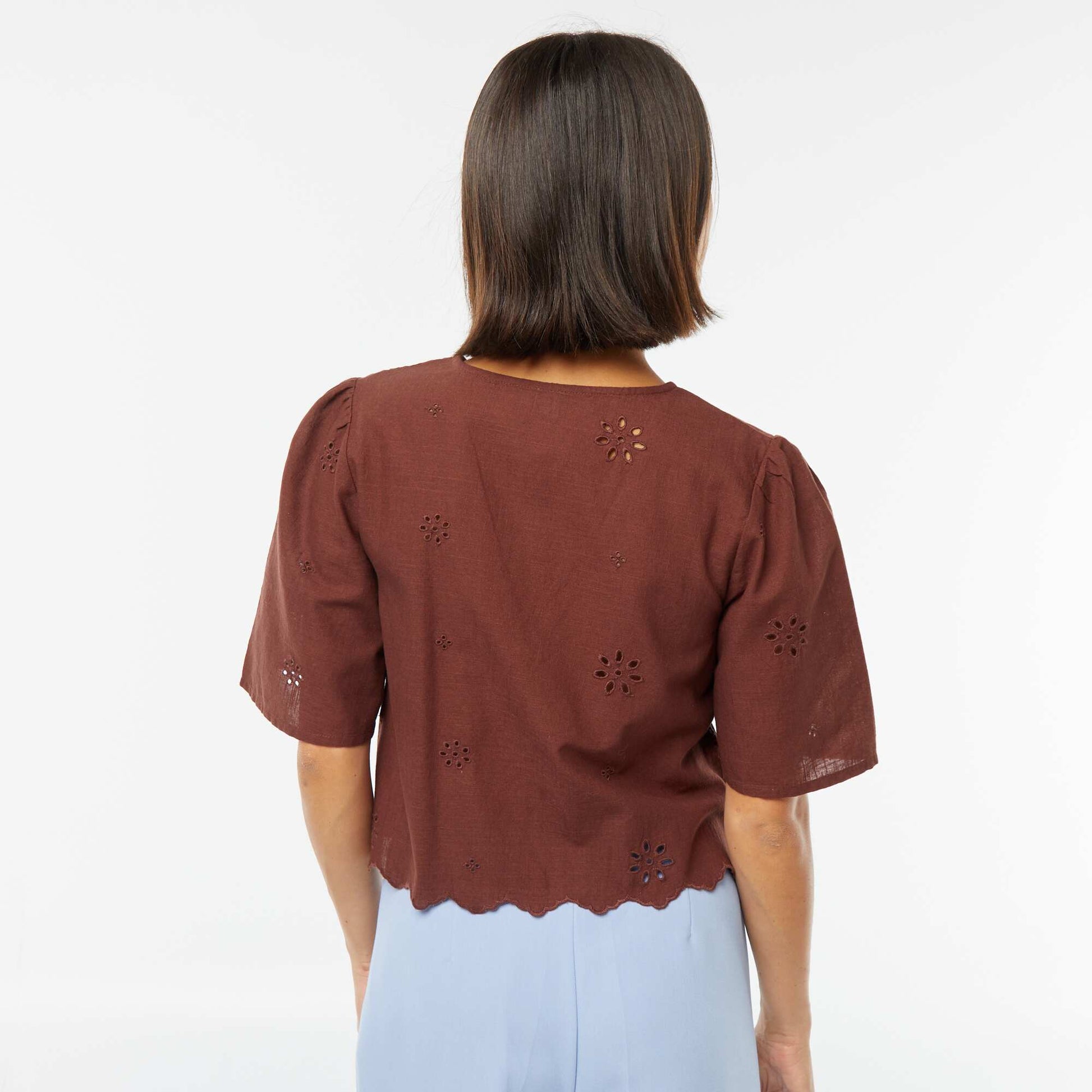 Blouse with ties and 3/4 length sleeves BROWN