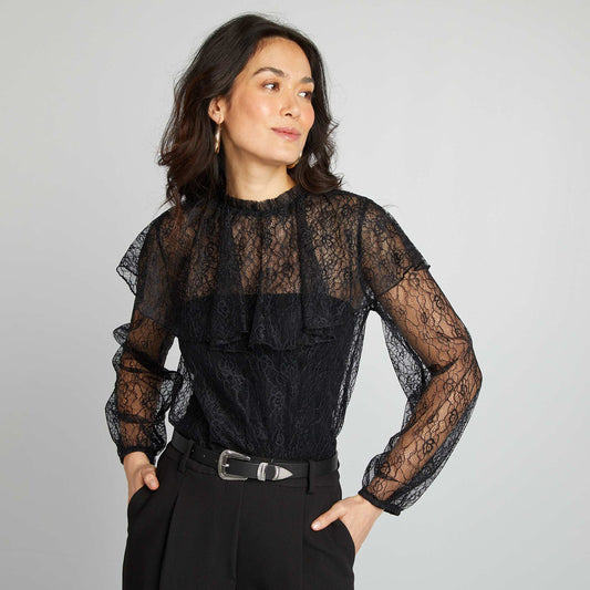 Ruffled lace blouse BLACK