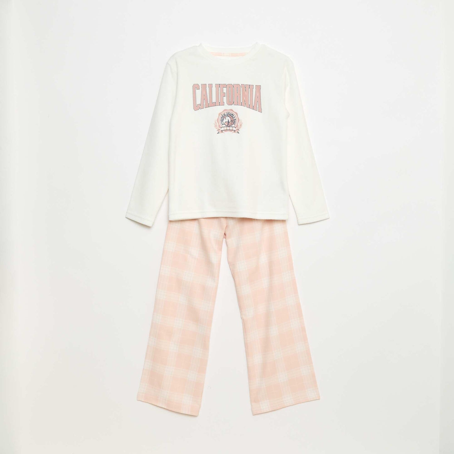 Fleece Long Pajama Set - T-shirt + Pants - 2 pieces WHITE