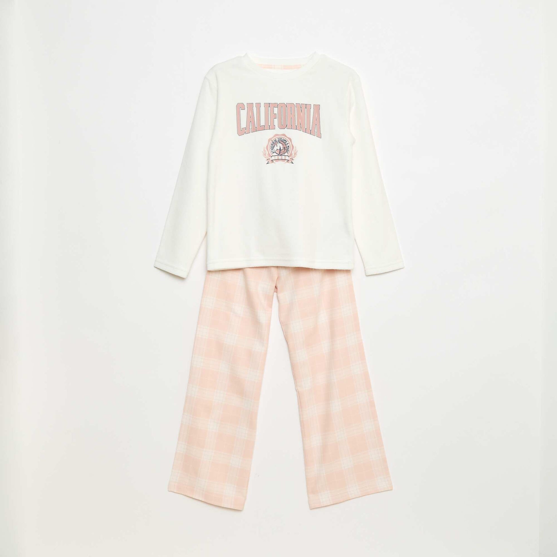Fleece Long Pajama Set - T-shirt + Pants - 2 pieces WHITE