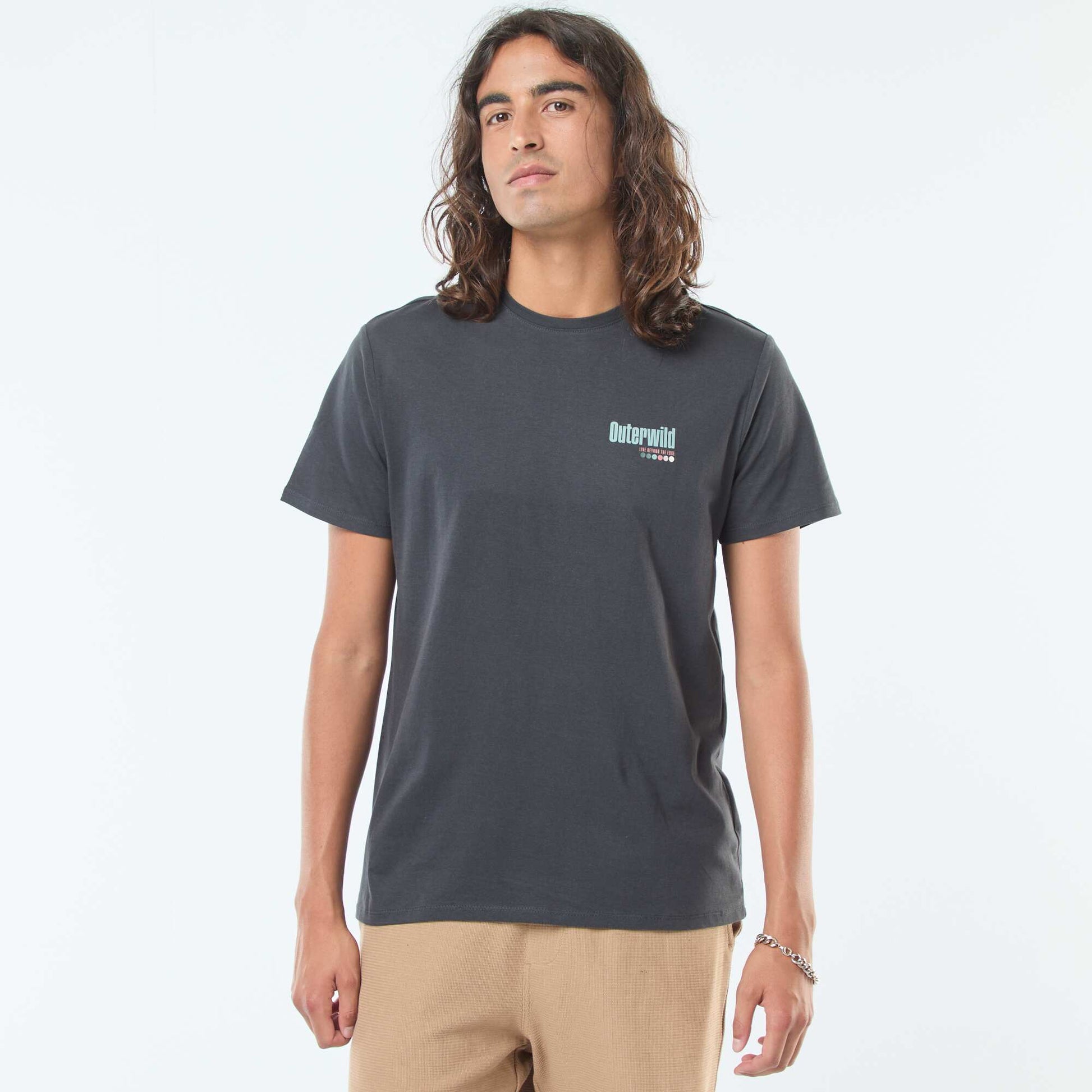 Short-sleeved printed T-shirt with round neck GREY