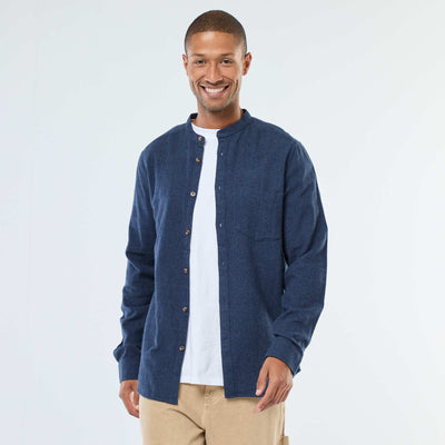 Plain Flannel Shirt with a Mandarin Collar BLUE