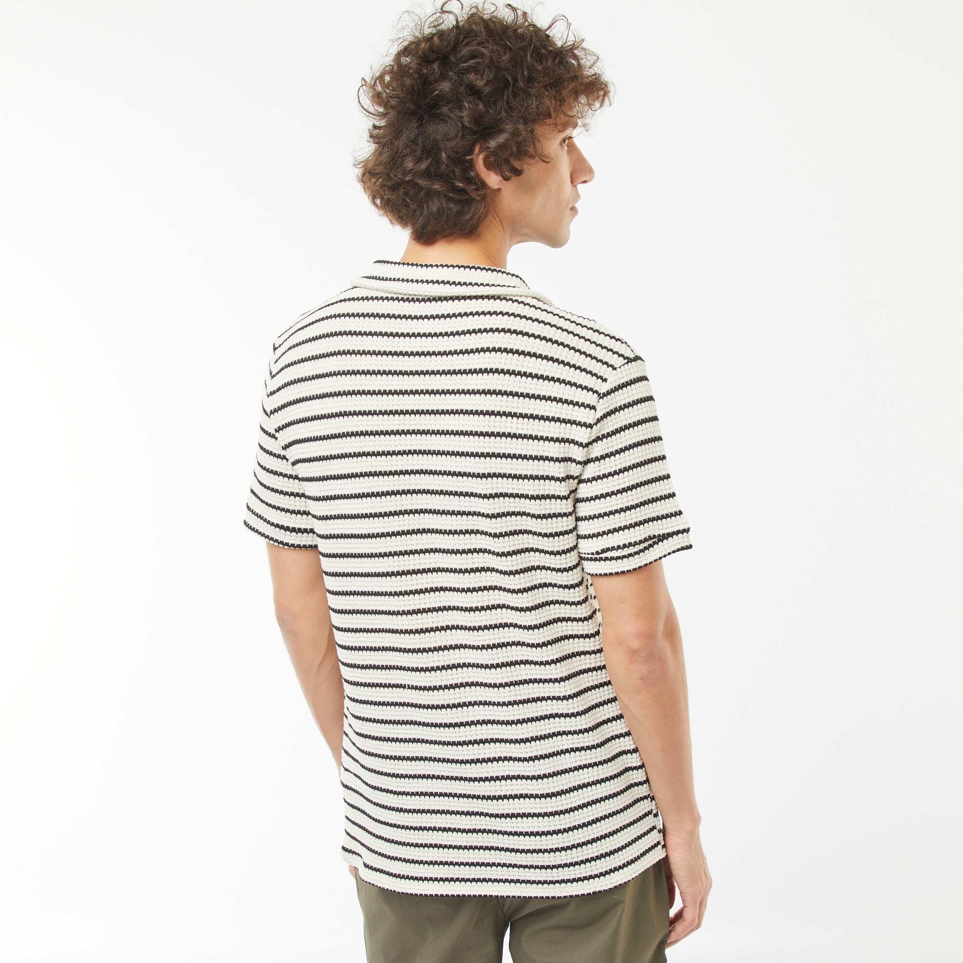 Short-sleeved fancy openwork knit fabric polo shirt BLACK