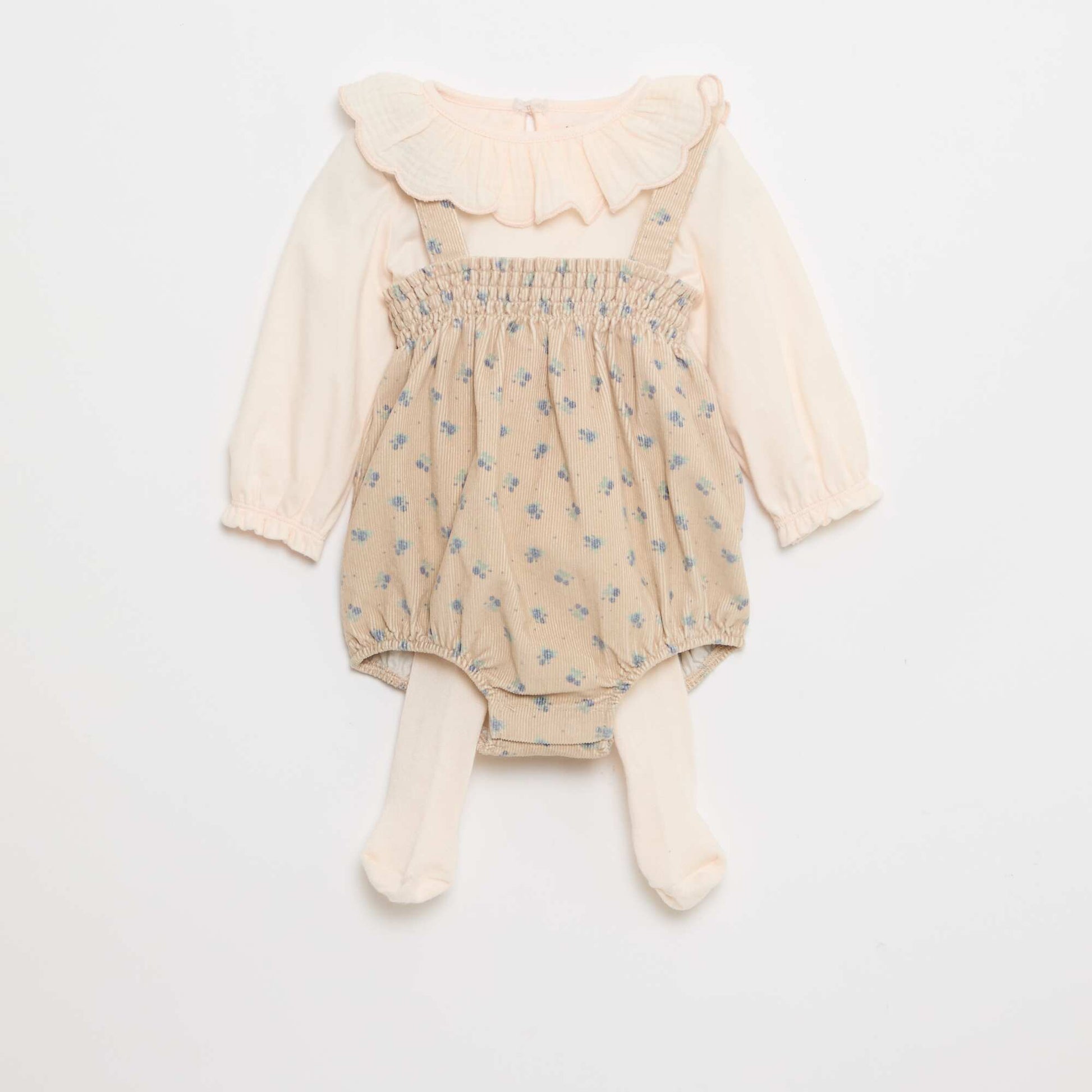 Corduroy Overalls Set + T-shirt + Tights - 3 pieces BEIGE Kiabi KSA Corduroy Overalls Set + T-shirt + Tights - 3 pieces BEIGE Kiabi KSA