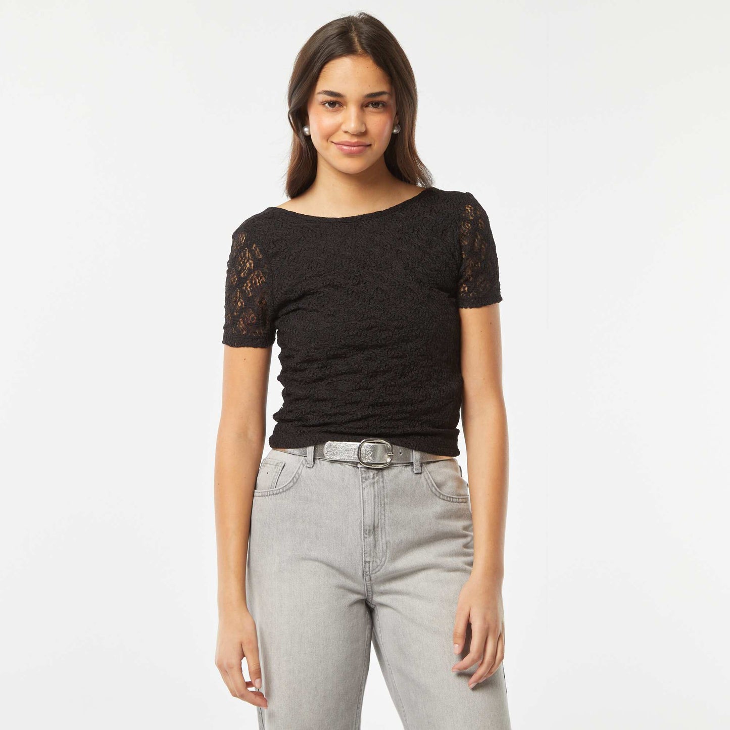 Lace T-shirt with bare back BLACK