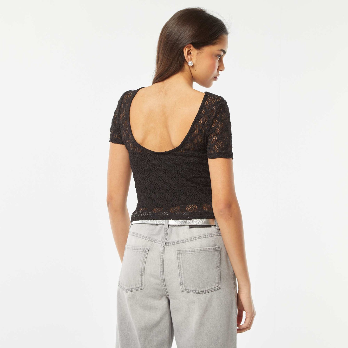 Lace T-shirt with bare back BLACK