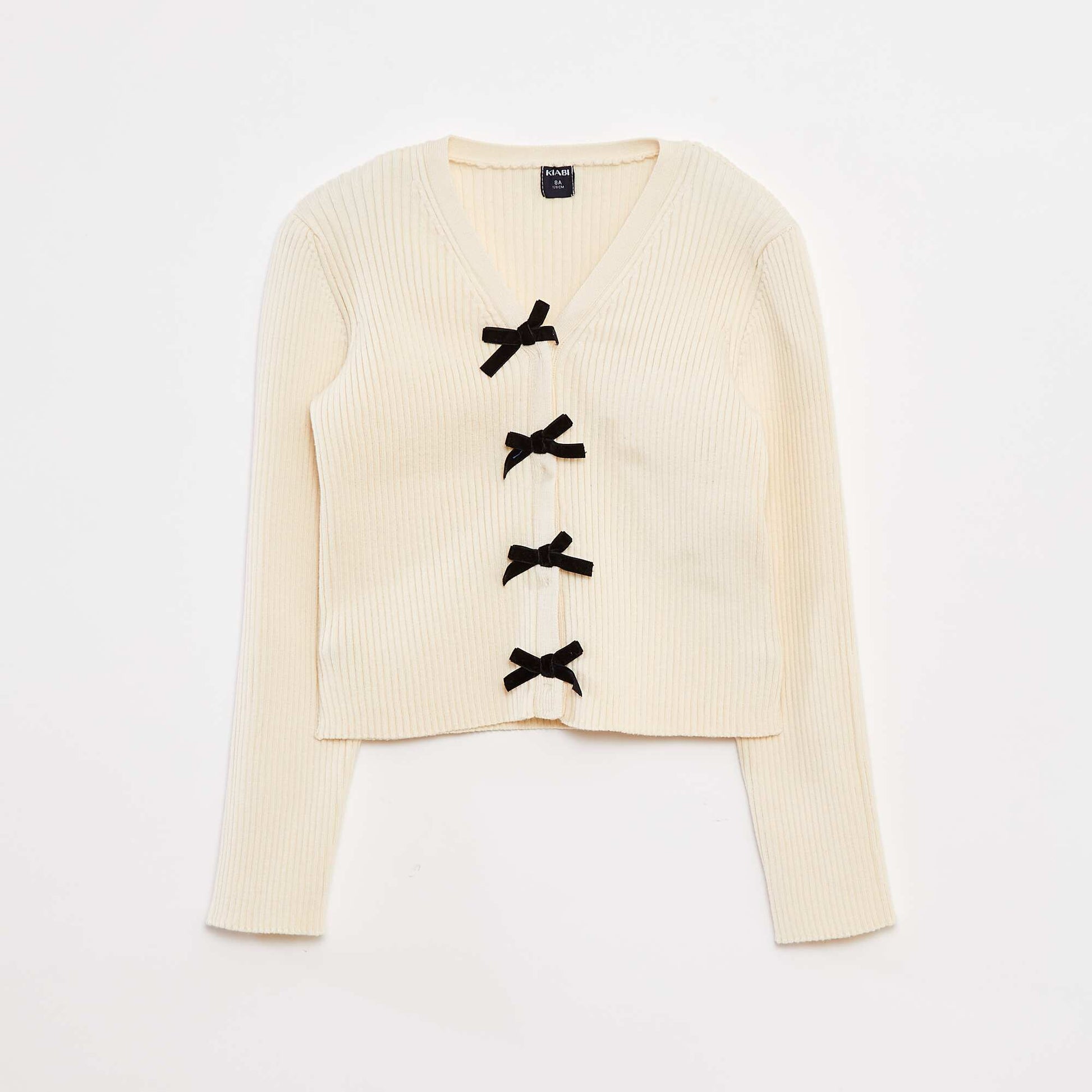 Ribbed cardigan with velvet bows WHITE