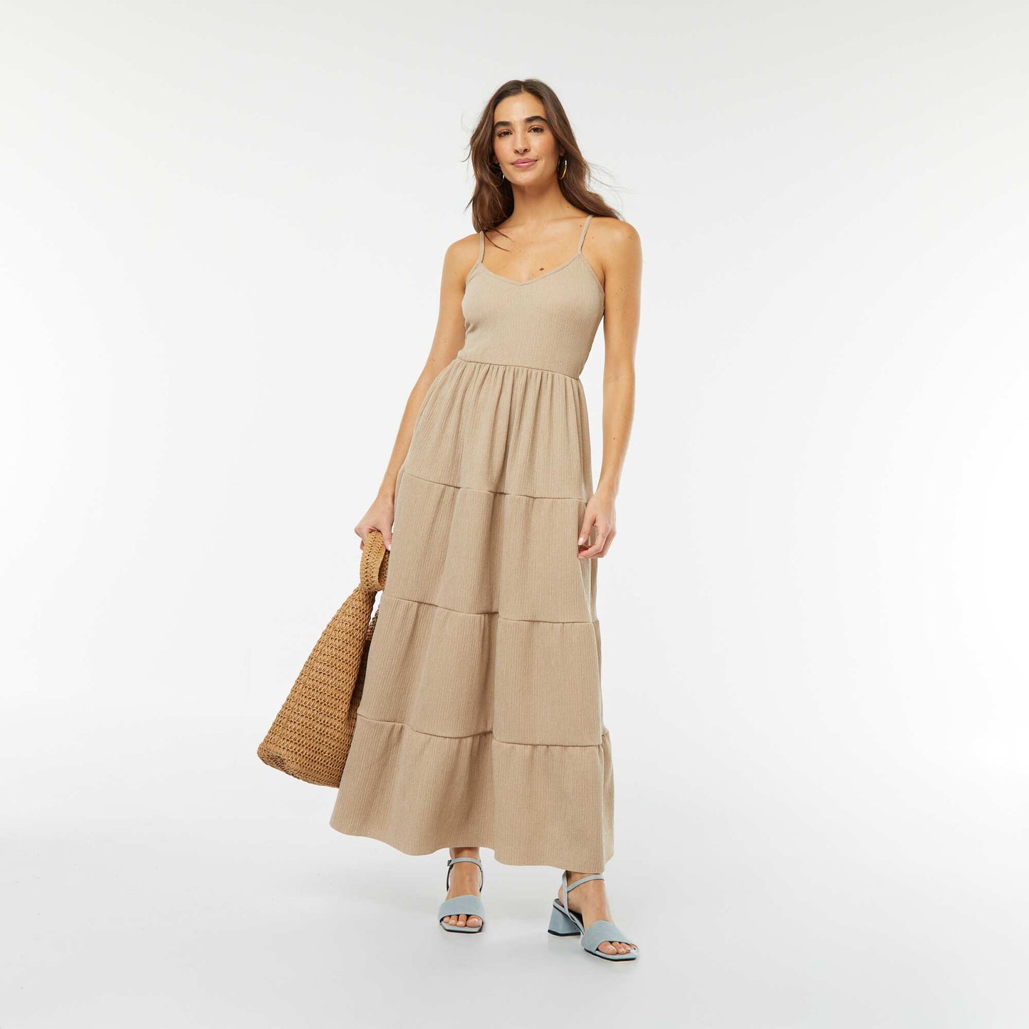 Long tiered dress with narrow straps BEIGE