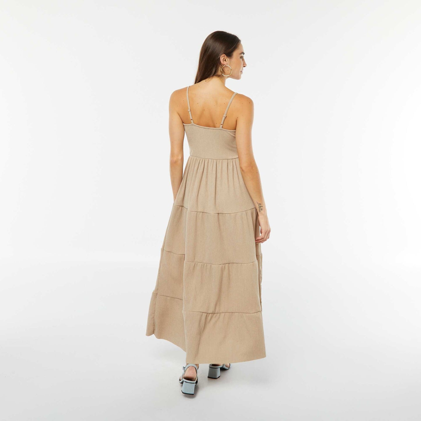 Long tiered dress with narrow straps BEIGE
