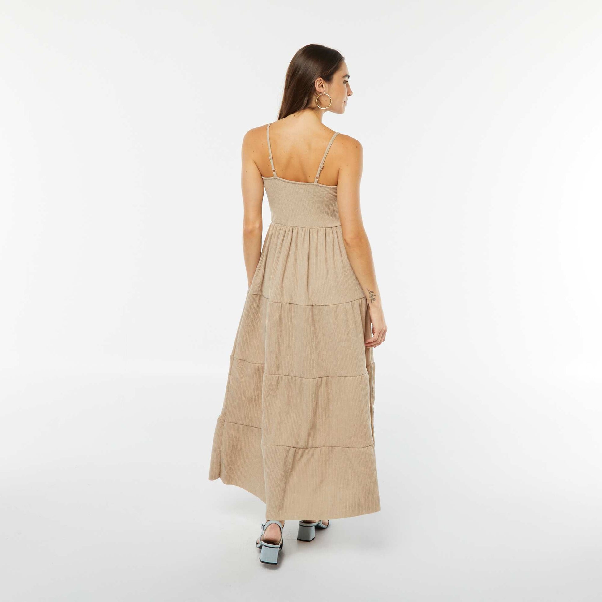 Long tiered dress with narrow straps BEIGE