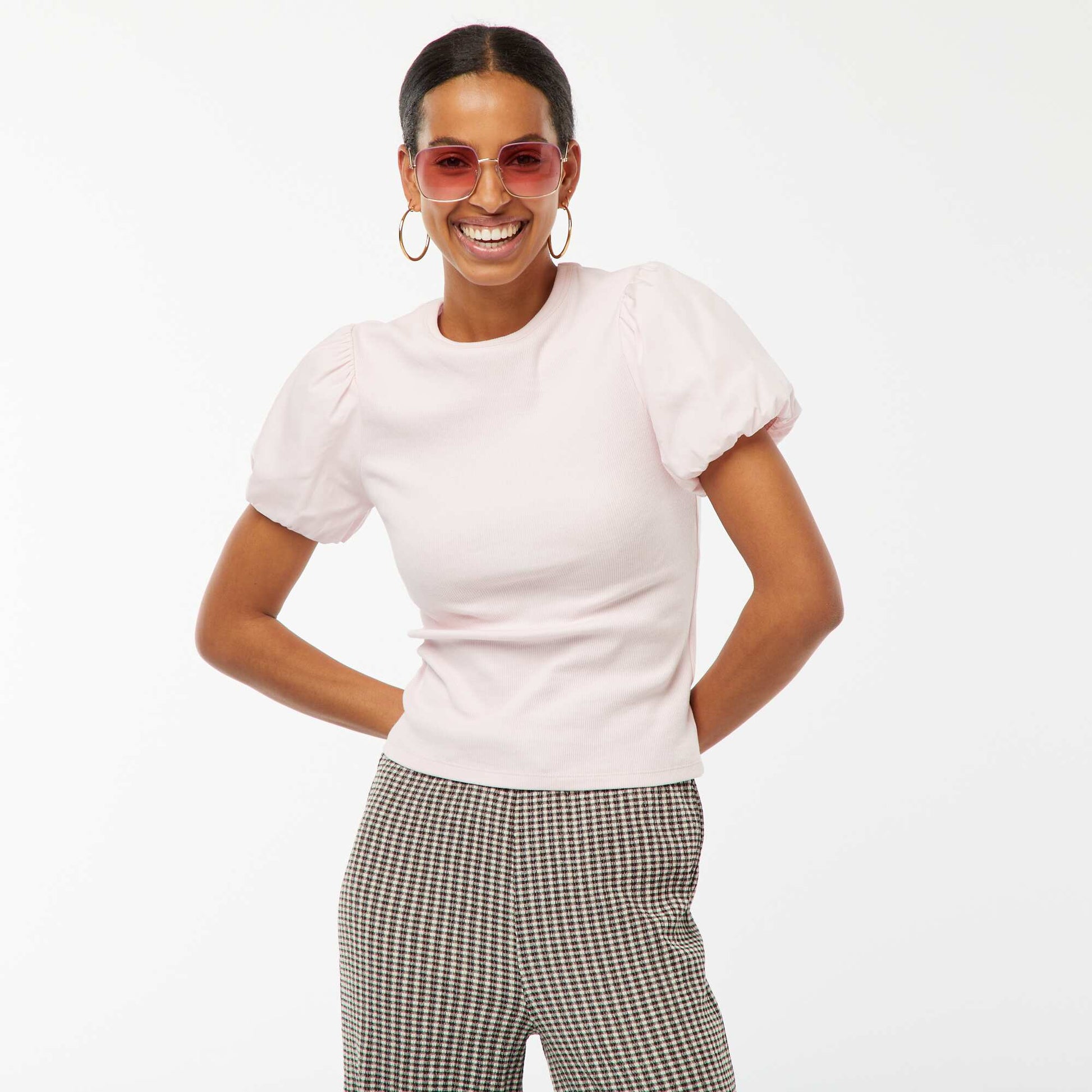 Dual-fabric fitted T-shirt with puff sleeves PINK
