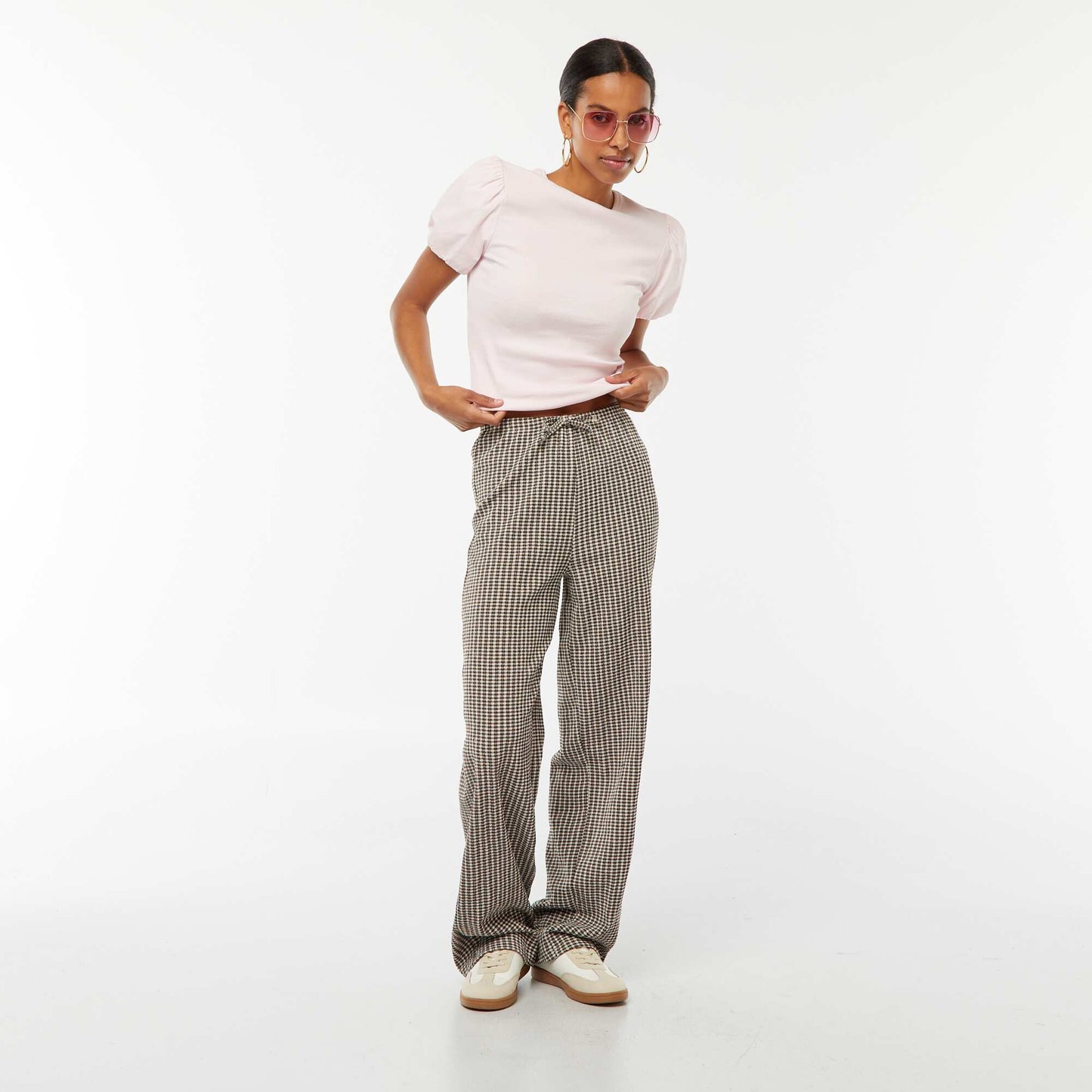 Dual-fabric fitted T-shirt with puff sleeves PINK