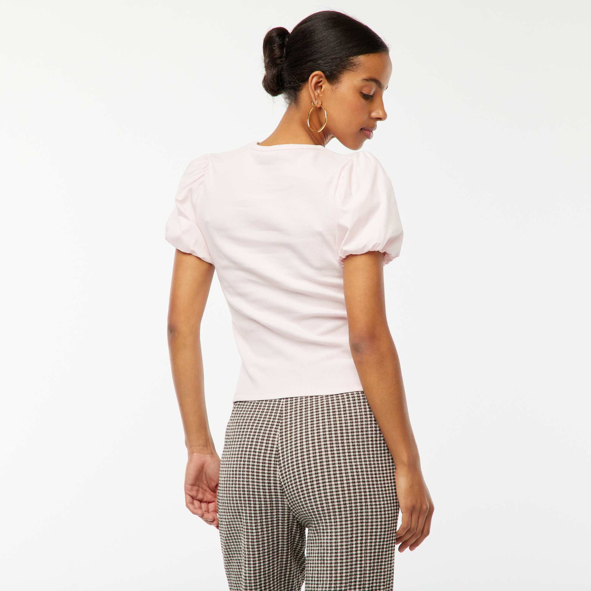 Dual-fabric fitted T-shirt with puff sleeves PINK