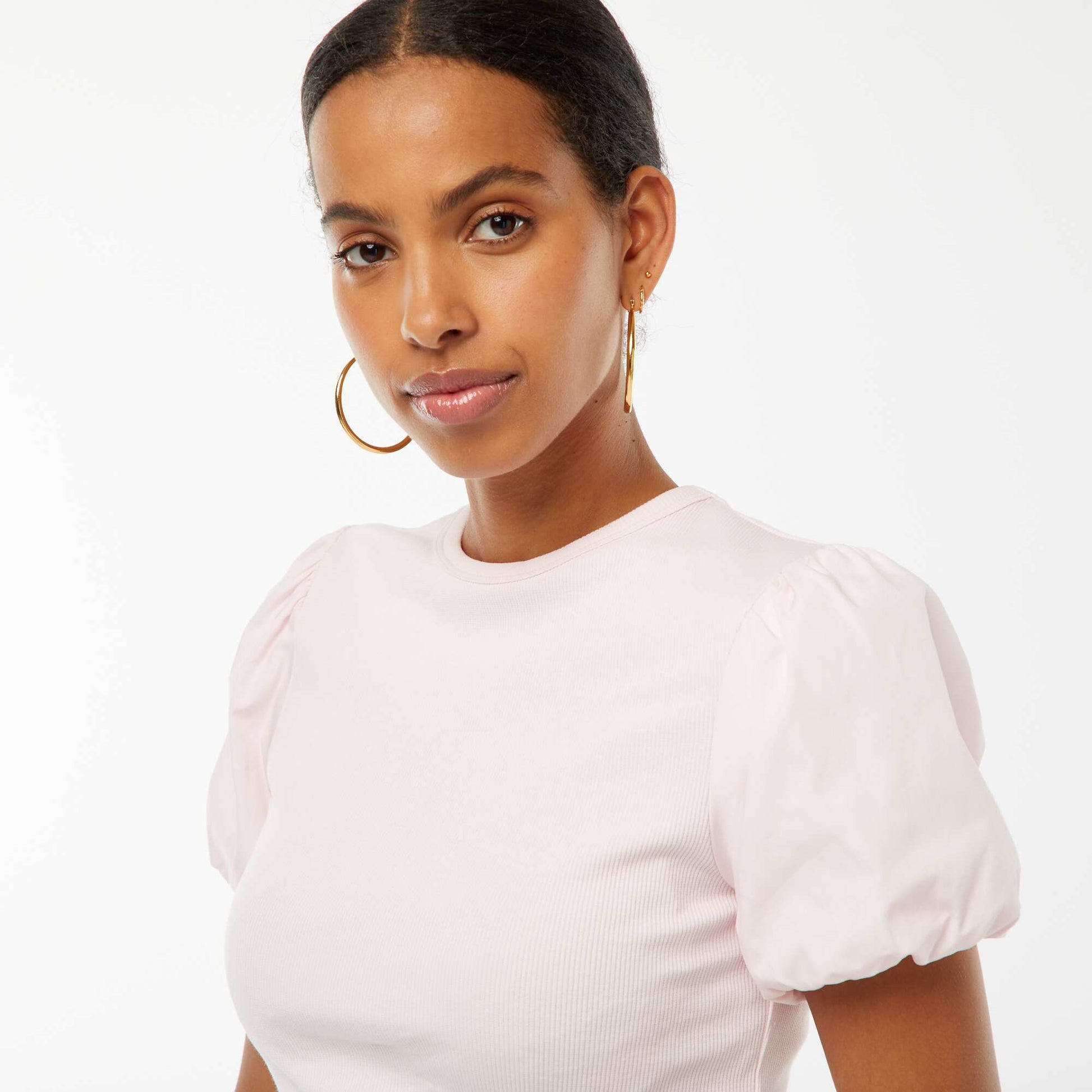 Dual-fabric fitted T-shirt with puff sleeves PINK