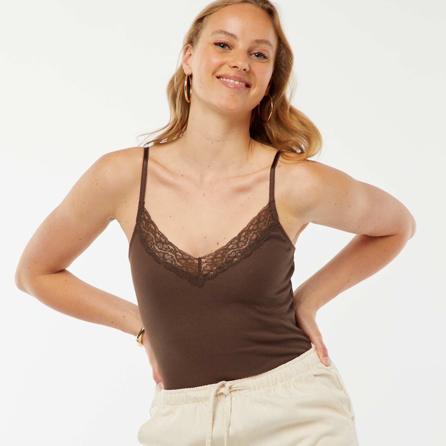 Plain ribbed bodysuit with lace BROWN