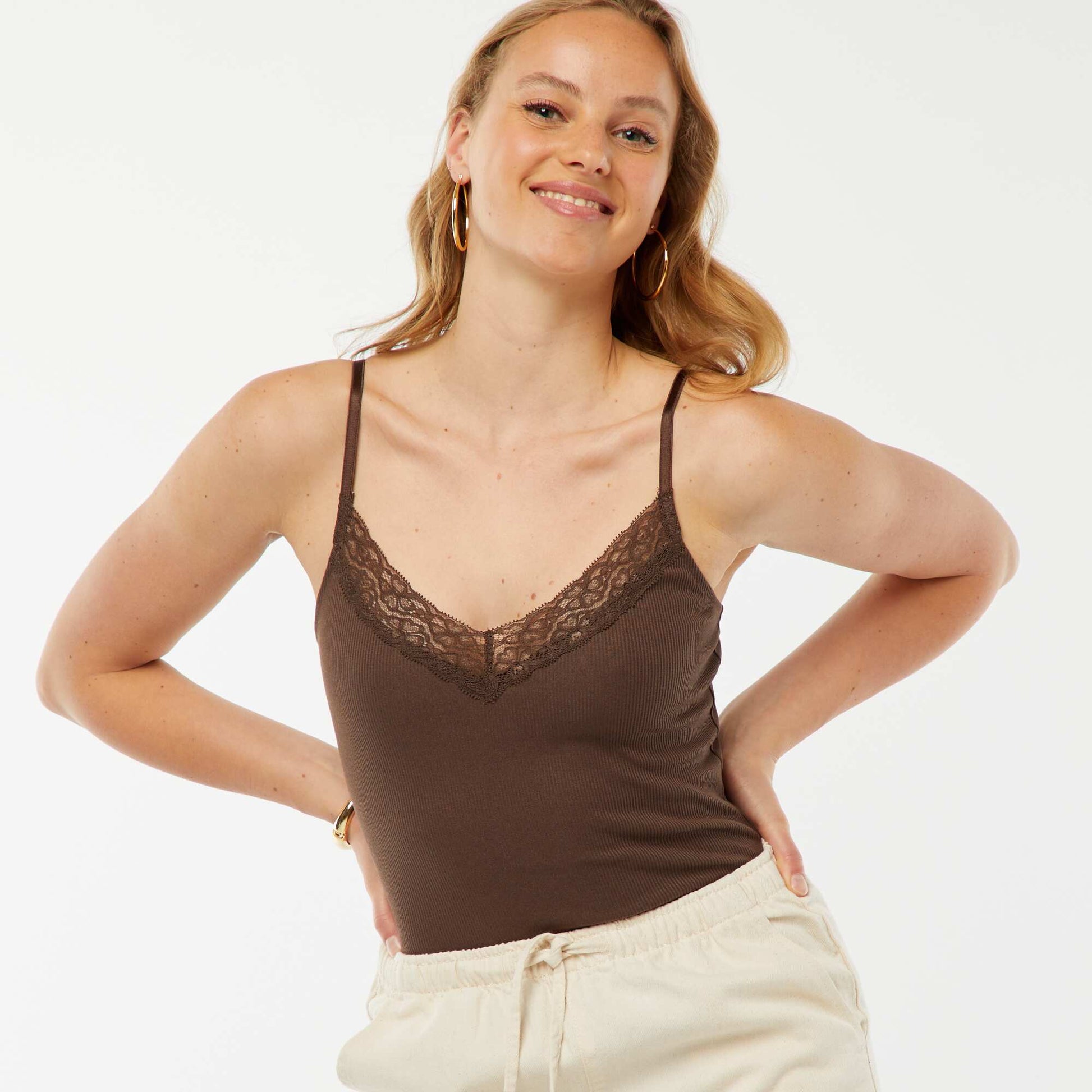 Plain ribbed bodysuit with lace BROWN
