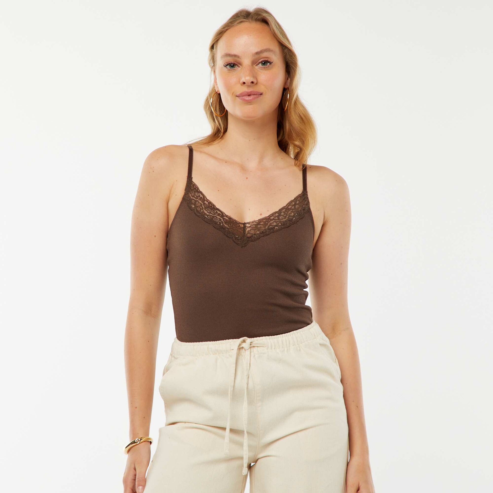 Plain ribbed bodysuit with lace BROWN