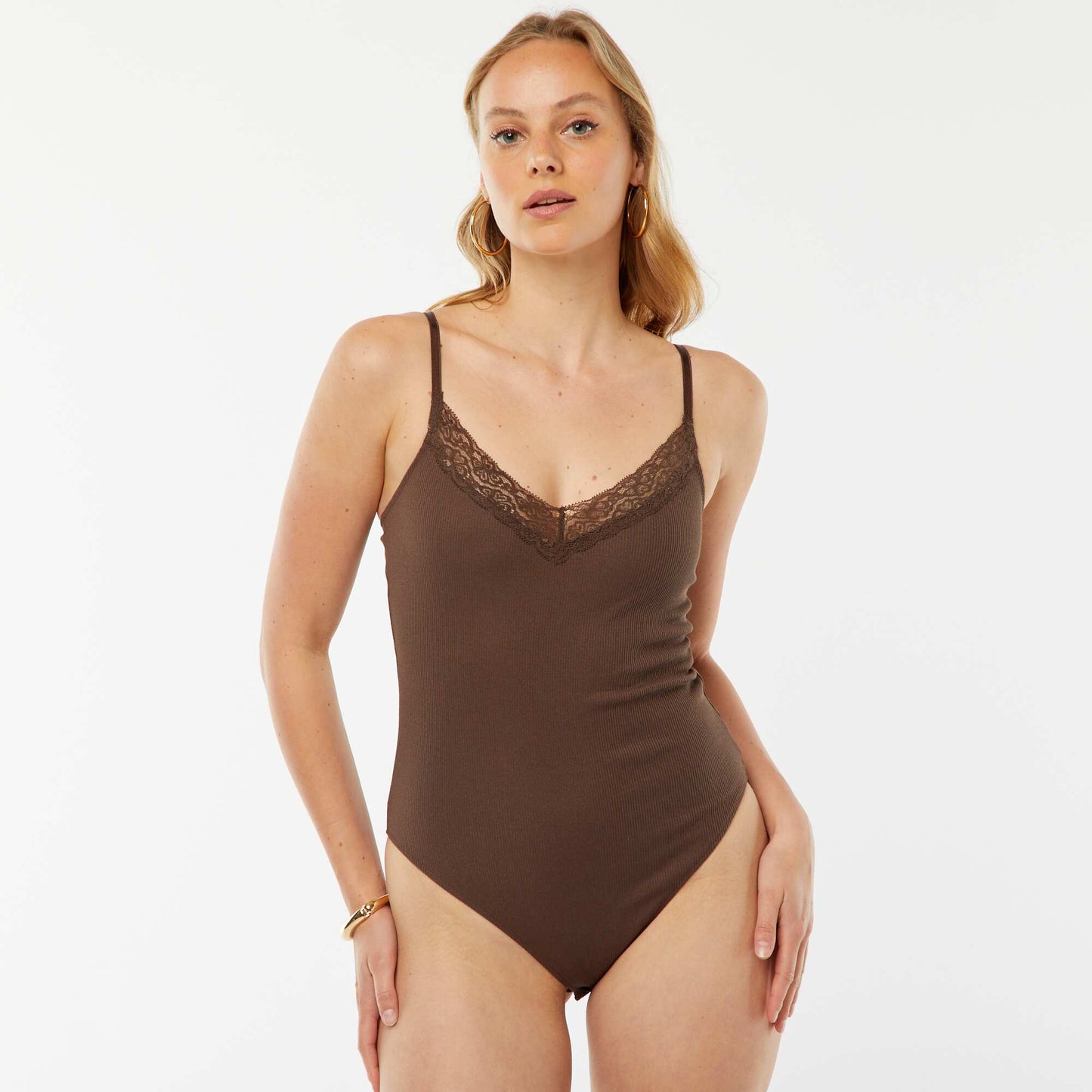 Plain ribbed bodysuit with lace BROWN