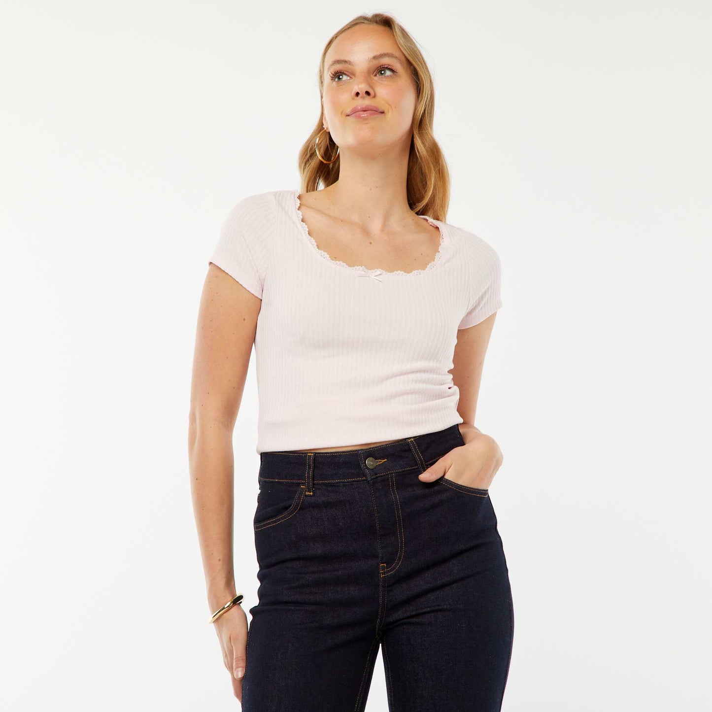 Short-sleeved T-shirt with lace and cute bow PINK