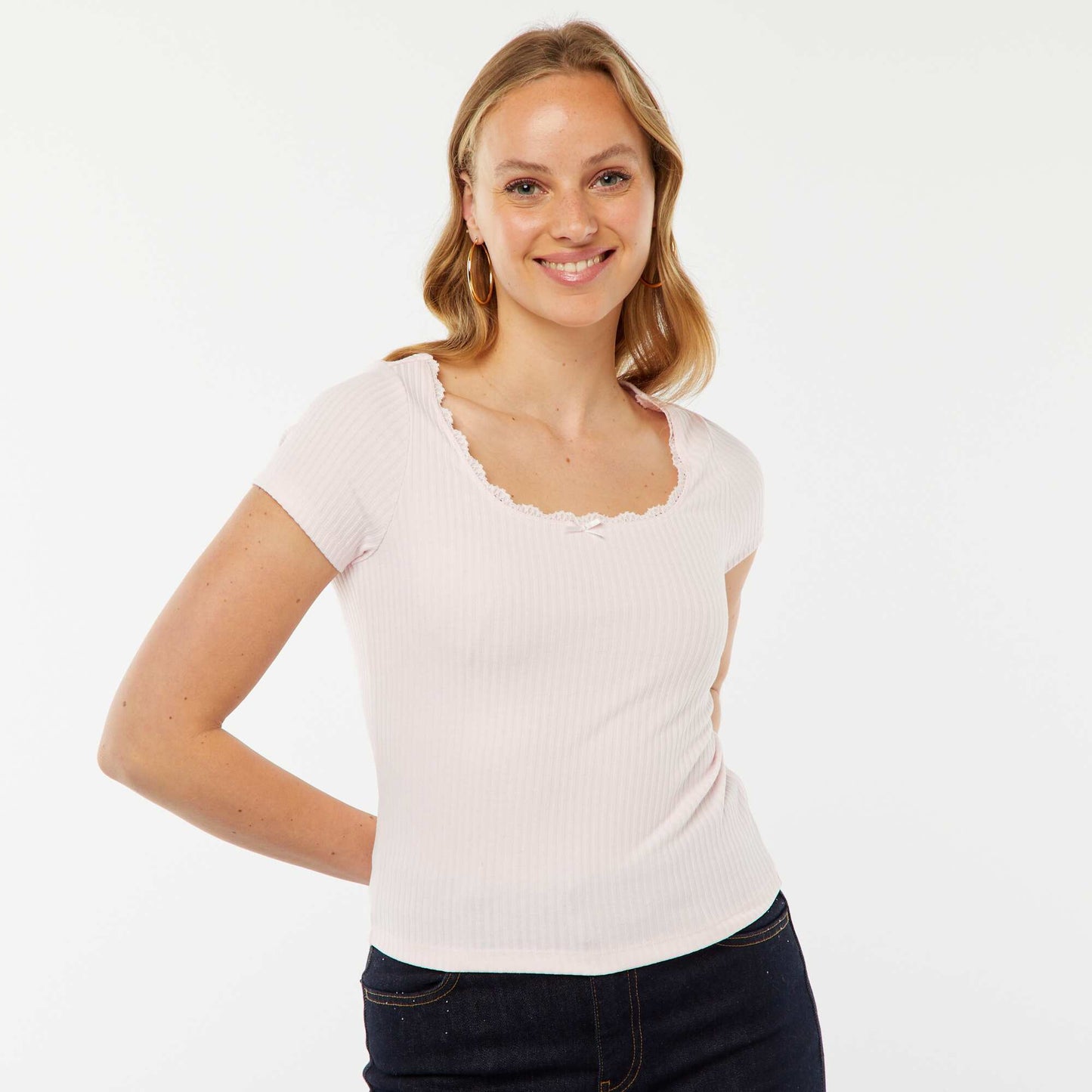 Short-sleeved T-shirt with lace and cute bow PINK