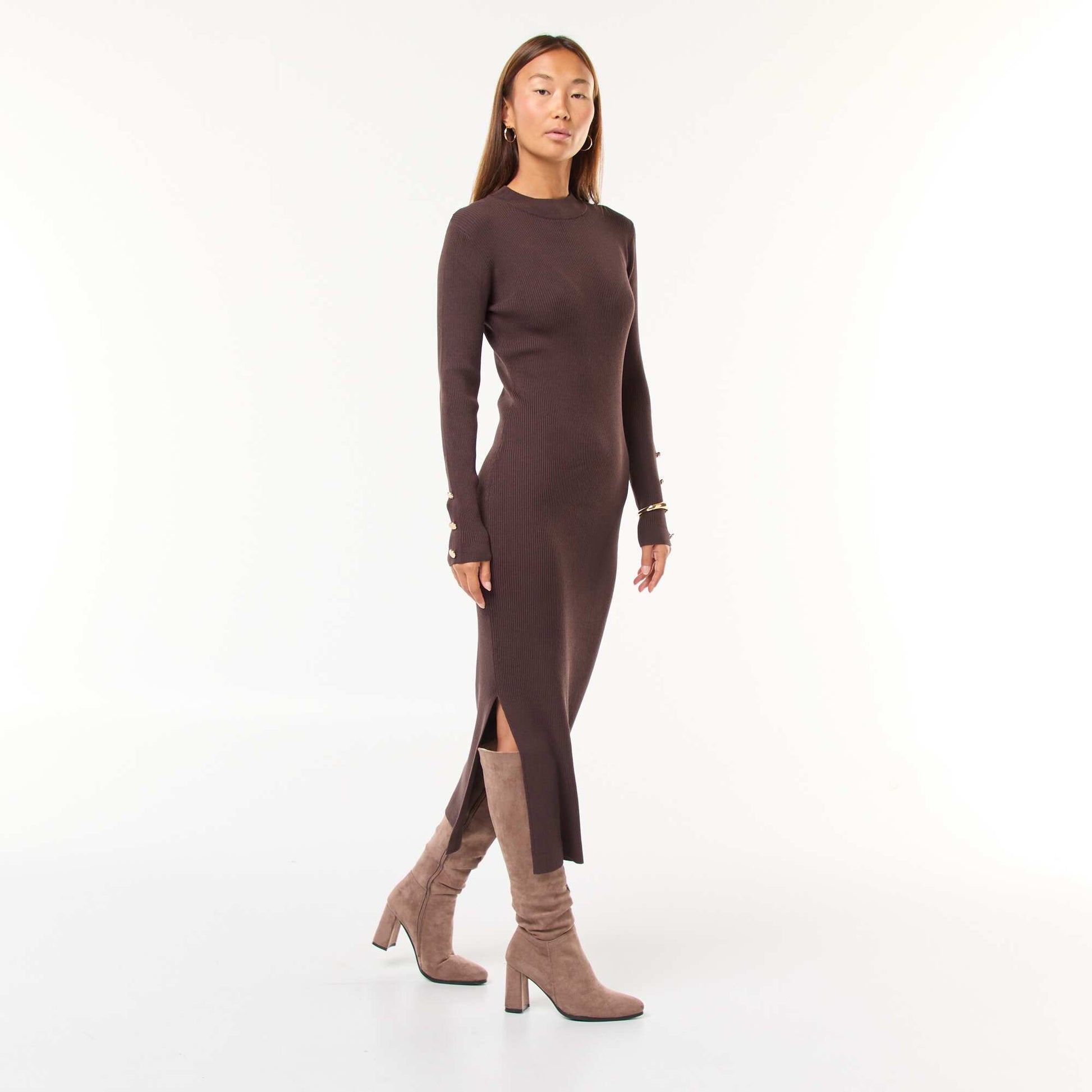Long Ribbed Bodycon Dress BROWN Kiabi KSA Long Ribbed Bodycon Dress BROWN Kiabi KSA