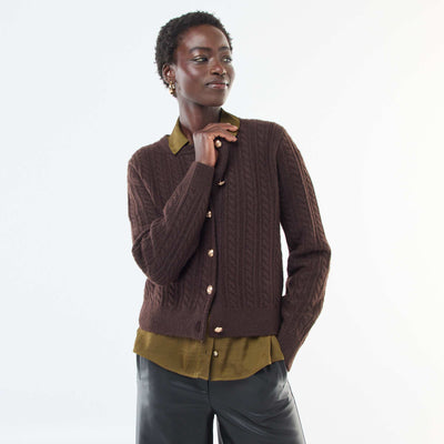 Cable Knit Cardigan with Gold Button Detail BROWN
