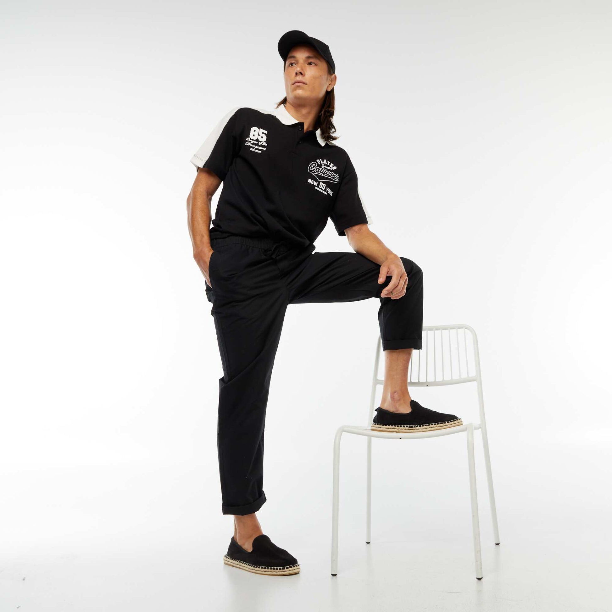 US baseball team-style cotton polo shirt BLACK
