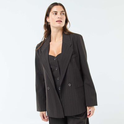 Oversized Striped Blazer with Button Closure BROWN