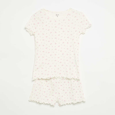 Cotton Ribbed Knit Pajama Set: Top and Shorts WHITE