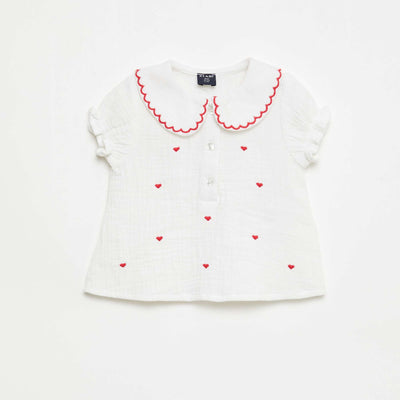 Peter Pan Collar Blouse with 'Heart' Embroidery WHITE