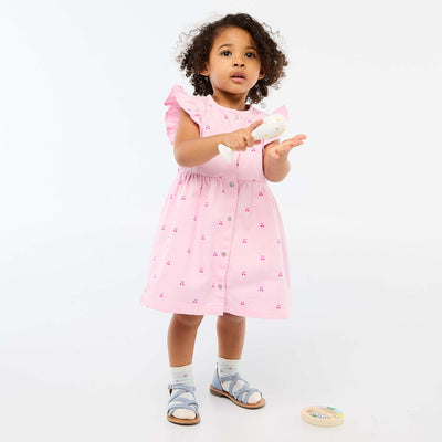 Striped Twill Dress with Short Sleeves PINK