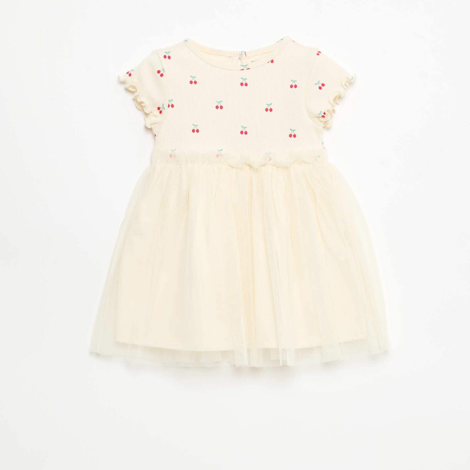 Ribbed Knit and Tulle Dress WHITE